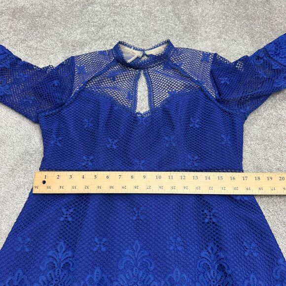Ever New Melbourne Lace Mesh Mini Dress Womens 12 Blue Bell Sleeve Backless - Picture 11 of 14